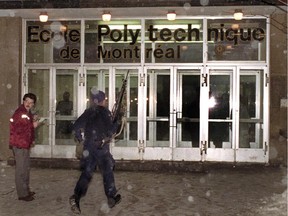 Police enter the Ecole Polytechnique after gunman Marc Lepine opened fire at the school in Montreal on Dec. 6, 1989. Twenty-five years ago, Lepine went on a 20-minute shooting rampage, killing 14 women.