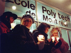 Mourners hold a vigil for victims of the Montreal massacre on Dec 7. 1989.