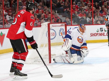Bobby Ryan #6 of the Ottawa Senators watches as the puck gets past Jaroslav Halak #41 of the New York Islanders in the second period.