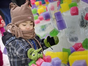 Two-year-old Charles Ging lends a hand working on an Ice Mosaic in Confederation Park during the last Winterlude.