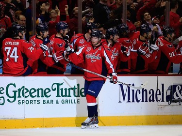 Nicklas Backstrom #19 of the Washington Capitals celebrates after scoring a second period goal.
