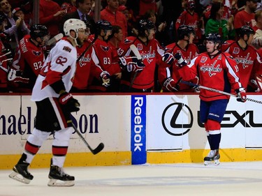 Nicklas Backstrom #19 of the Washington Capitals celebrates after scoring a second period goal.