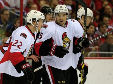 Erik Condra #22 of the Ottawa Senators celebrates scoring a second period goal with teammate Cody Ceci #5.