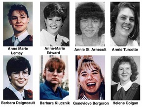 Eight of the 14 women slain at Ecole Polytechnique are pictured, from top left: Anne Marie Lemay, Anne-Marie Edward, Annie St-Arneault, Annie Turcotte, Barbara Daigneault, Barbara Klucznik, Genevieve Bergeron and Helene Colgan. The Montreal Massacre.