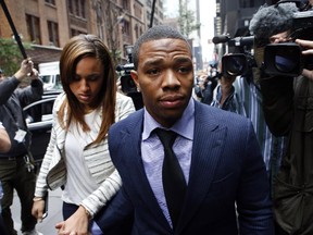 In this Nov. 5, 2014  photo, Ray Rice arrives with his wife Janay Palmer for an appeal hearing of his indefinite suspension from the NFL in New York.