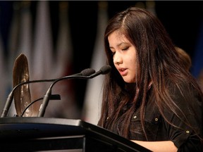 Rinelle Harper speaks at the Assembly of First Nations Election in Winnipeg on Tuesday, December 9, 2014.
