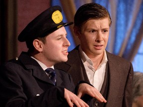 Shmuli Prizant plays Officer O'Hara (L) and Ethan Sabourin plays Mortimer Brewster(R) in the Ottawa Jewish Community School's Cappies production of Arsenic and Old Lace.