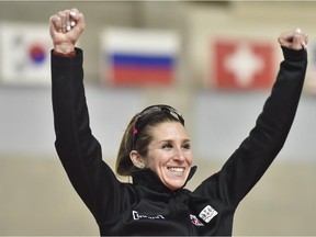 Ivanie Blondin celebrates a gold medal performance in Japan earlier this skating season.