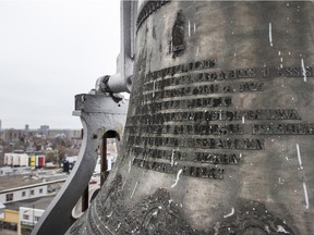 The largest of the five bells atop Saint-Francois d'Assise chuch in Hintonburg.