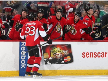 Mika Zibanejad #93 of the Ottawa Senators celebrates his second period goal against the Vancouver Canucks with team mates David Legwand #17, Clarke MacArthur #16, Mark Stone #61 and Kyle Turris #7 during an NHL game at Canadian Tire Centre on December 7, 2014 in Ottawa, Ontario, Canada.