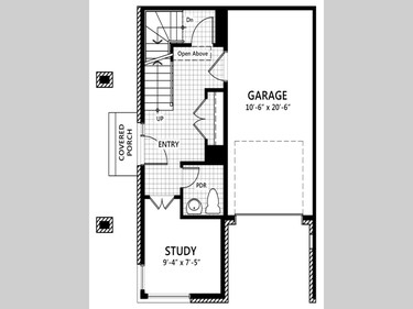 The 1,514-square-foot Cardiff is an end unit. The ground floor includes a den.