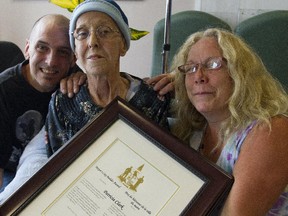 Former Gloucester councillor Patricia Clark with her son Jason Clark and daughter Sue Clark at a ceremony to honour her with a City Builder Award.