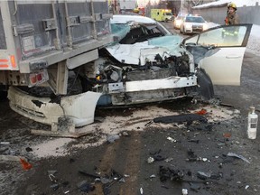 A 65-year-old man was taken to hospital in serious but stable condition after his vehicle was hit by a truck attempting to make a U-turn in L'Ange-Gardien Wednesday afternoon, January 14, 2015.