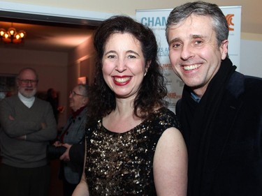 Acclaimed concert pianist Angela Hewitt, with Chamberfest artistic director Roman Borys, at the post-concert reception following Hewitt's sold-out performance at Dominion-Chalmers United Church on Wednesday, January 14, 2015.