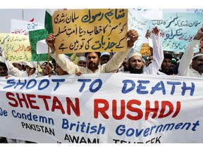 At a protest in 2007, hundreds of Islamists burned effigies of Queen Elizabeth and Salman Rushdie in Pakistan as the country's parliament renewed a call for Britain to withdraw the novelist's knighthood. Demonstrators took to the streets in several cities amid growing anger at Britain's decision to honour the author of "The Satanic Verses", which some Muslims consider blasphemous.