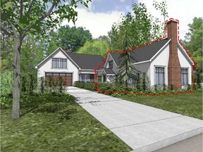 An artist's rendering of proposed alterations to the Charles Billings House in Alta Vista. The portion outlined in red is designated under the Ontario Heritage Act. (Barry J. Hobin and Associates Architects)
