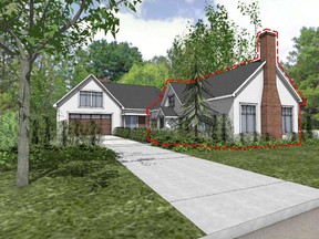 An artist's rendering of proposed alterations to the Charles Billings House in Alta Vista. The portion outlined in red is designated under the Ontario Heritage Act.
