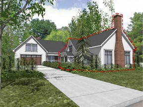 An artist's rendering of proposed alterations to the Charles Billings House in Alta Vista. The portion outlined in red is designated under the Ontario Heritage Act. (Barry J. Hobin and Associates Architects), for 0108 billings