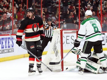 Bobby Ryan of the Ottawa Senators celebrates his goal against the Dallas Stars during first period NHL action.