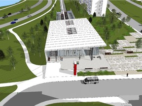 City rendering of a new LRT station at Richmond Road and Cleary Avenue. The existing First Unitarian Church is just out of the bottom of the frame.