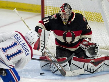 Montreal Canadiens right wing Brendan Gallagher tries to score on Ottawa Senators goalie Craig Anderson during third period NHL action.