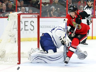 Curtis Lazar of the Ottawa Senators can't score on James Reimer of the Toronto Maple Leafs during third period NHL action.