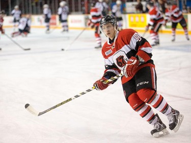 Dante Salituro skates during the warm up.