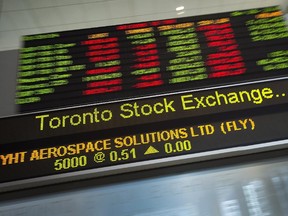 Financial numbers flow on the digital ticker tape at the TMX Group in Toronto's financial district on May 9, 2014.