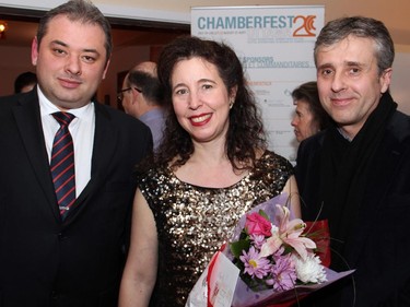 From left, Maxim Antoshin with concert pianist Angela Hewitt and Roman Borys following Hewitt's sold-out performance at Dominion-Chalmers United Church on Wednesday, January 14, 2015 as part of the Chamberfest winter concert series.