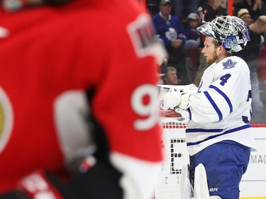 James Reimer of the Toronto Maple Leafs shows his dejection after the goal by Mika Zibanejad of the Ottawa Senators during first period NHL action.