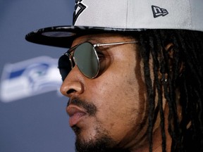 Seattle Seahawks' Marshawn Lynch attends a news conference for NFL Super Bowl XLIX football game, Wednesday, Jan. 28, 2015, in Phoenix. The Seahawks play the New England Patriots in Super Bowl XLIX on Sunday, Feb. 1, 2015.