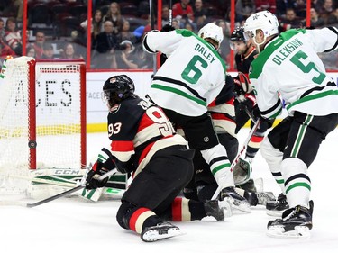 Mika Zibanejad (93) of the Ottawa Senators scores against the Dallas Stars during first period NHL action.