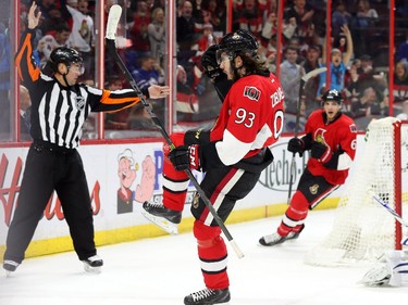 Mika Zibanejad of the Ottawa Senators celebrates his goal on James Reimer of the Toronto Maple Leafs during first period NHL action.