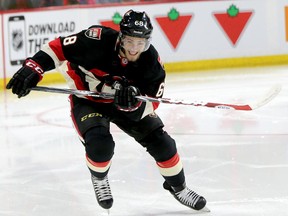 Mike Hoffman takes off in the speed competition. Ottawa Senators' skills competition Tuesday Dec. 30, 2014 at Canadian Tire Centre. (Julie Oliver / Ottawa Citizen)