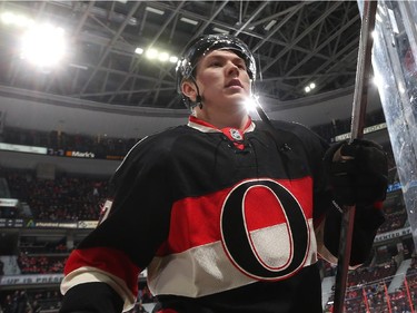 Curtis Lazar #27 of the Ottawa Senators leaves the ice after warmup prior to a game against the Montreal Canadiens.