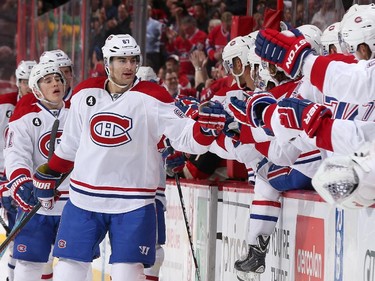 Max Pacioretty #67 of the Montreal Canadiens celebrates his first period goal against the Ottawa Senators with teammates.