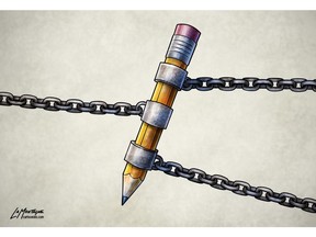 Patrick LaMontagne made a video of the creation of his editorial cartoon, Chains. It is his commentary on the massacre at the Paris satirical magazine, Charlie Hebdo.