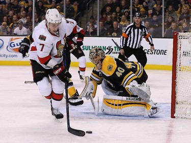 Kyle Turris #7 of the Ottawa Senators shoots on net as Tuukka Rask #40 of the Boston Bruins defends in the second period at TD Garden on January 3, 2015 in Boston, Massachusetts.