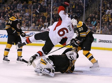 Bobby Ryan #6 of the Ottawa Senators tumbles after he scored by Tuukka Rask #40 of the Boston Bruins in overtime for a 3-2 win at TD Garden on January 3, 2015 in Boston, Massachusetts.