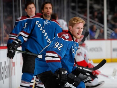 Gabriel Landeskog #92 of the Colorado Avalanche warms up prior to facing the Ottawa Senators along with teammates Maxime Talbot #25 and Cody McLeod #55 of the Colorado Avalanche.
