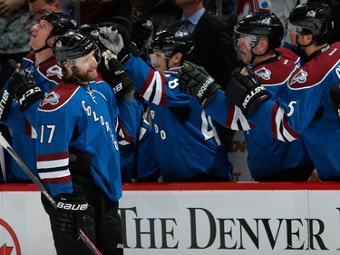 Brad Stuart #17 of the Colorado Avalanche celebrates his goal against the Ottawa Senators to take a 2-0 lead in the first period.