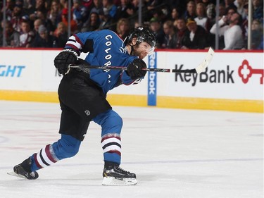 DENVER, CO - JANUARY 08:  Brad Stuart #17 scores his first goal as a member of the Colorado Avalanche against the Ottawa Senators at the Pepsi Center on January 8, 2015 in Denver, Colorado.