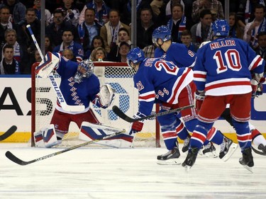 Henrik Lundqvist #30 of the New York Rangers makes a save in the second period shot by Mark Stone #61 of the Ottawa Senators.