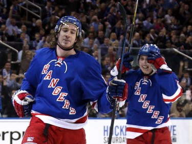 Kevin Hayes #13 of the New York Rangers celebrates scoring a goal in the second period.