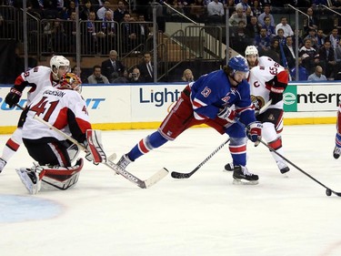 Kevin Hayes #13 of the New York Rangers scores a goal in the second period.