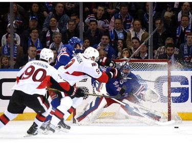 Henrik Lundqvist #30 of the New York Rangers tends goal in the second period.