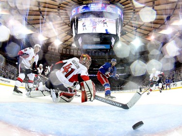 Kevin Hayes #13 of the New York Rangers scores a goal in the second period.