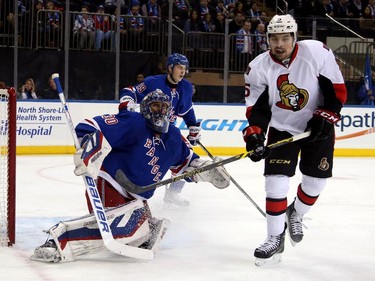 Henrik Lundqvist #30 of the New York Rangers tends goal in the first period.