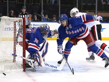 Henrik Lundqvist #30 of the New York Rangers tends goal in the first period.