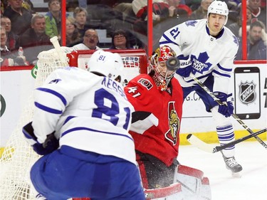 Phil Kessel of the Toronto Maple Leafs shoots on Craig Anderson of the Ottawa Senators during second period NHL action.